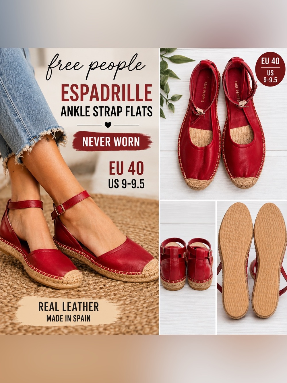 Free People Red Leather Espadrille Ankle Strap Flats EU 40 US 9-9.5 NWOT